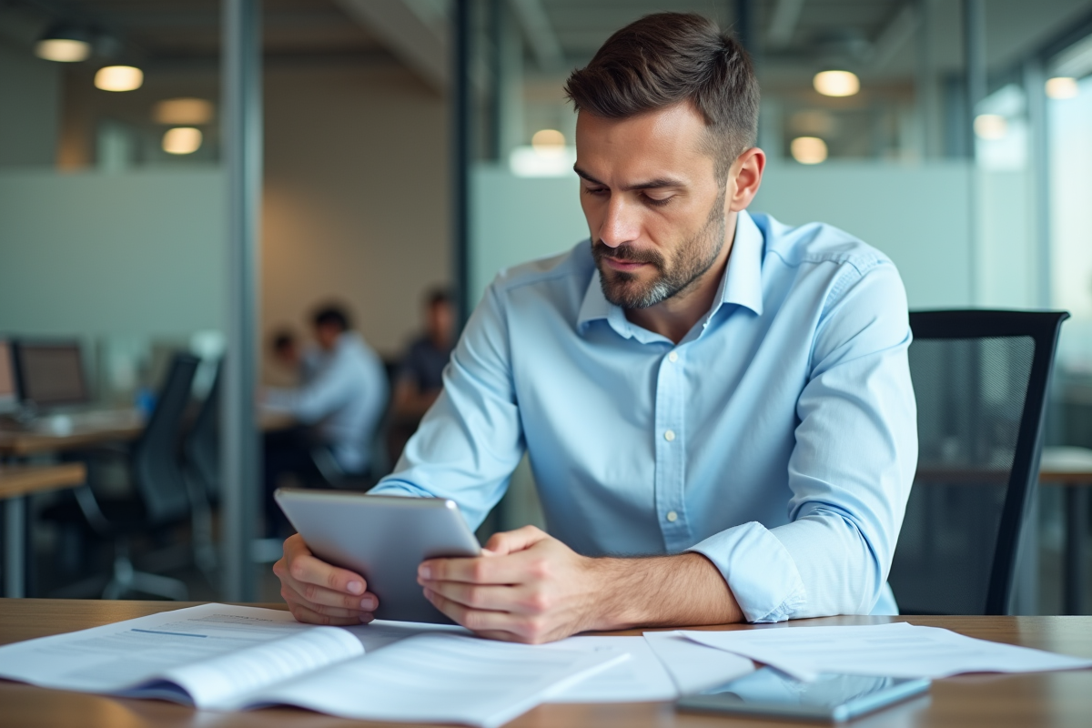 Homme comptable consultant des dossiers de factures sur une tablette