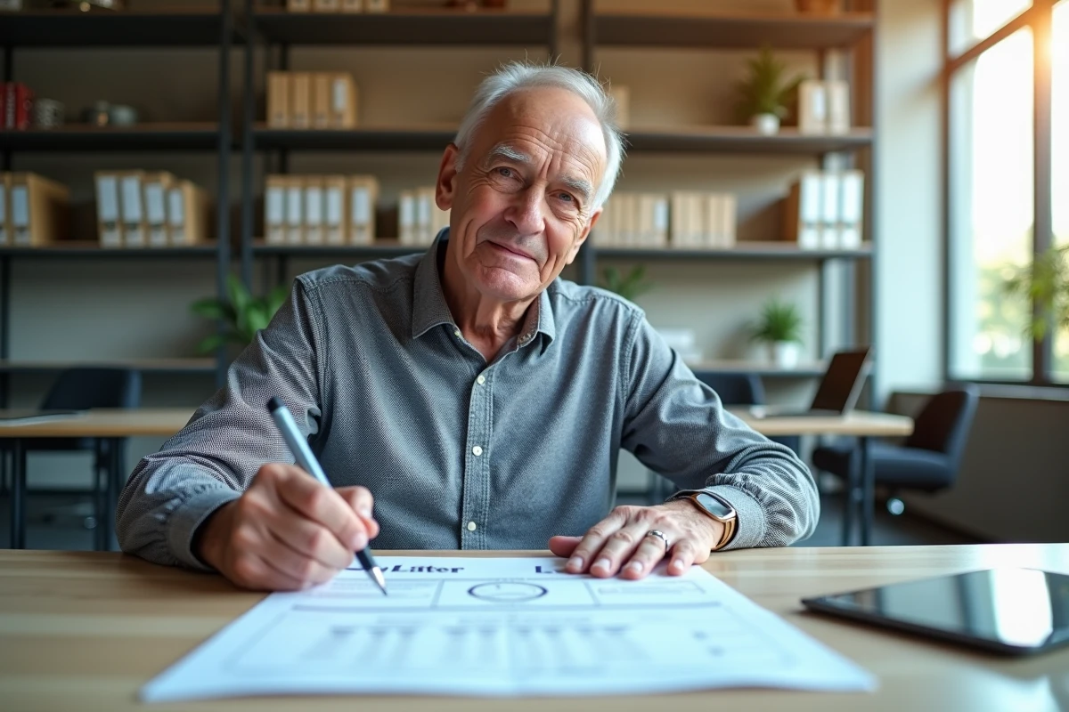 Homme d age moyen note un tableau de conversion litres au bureau