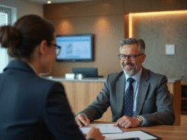 Homme confiant en costume gris avec une banquière dans une agence moderne