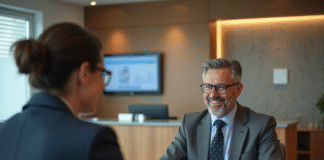 Homme confiant en costume gris avec une banquière dans une agence moderne