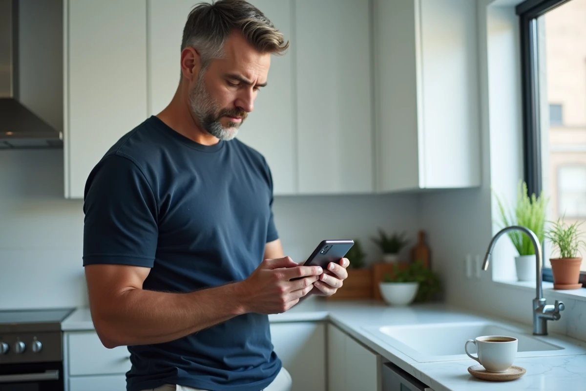 Homme consultant un site de recommandations de films sur smartphone dans sa cuisine