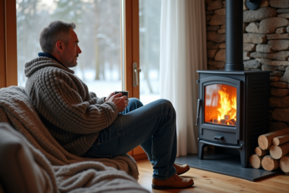 Homme d'âge moyen dans un salon scandinave cosy regardant par la fenêtre