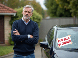 Homme frustré à côté d'une voiture en vente par particulier