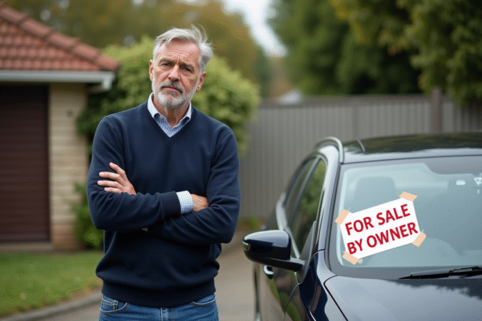 homme-declasse-voiture-vente Homme frustré à côté d'une voiture en vente par particulier