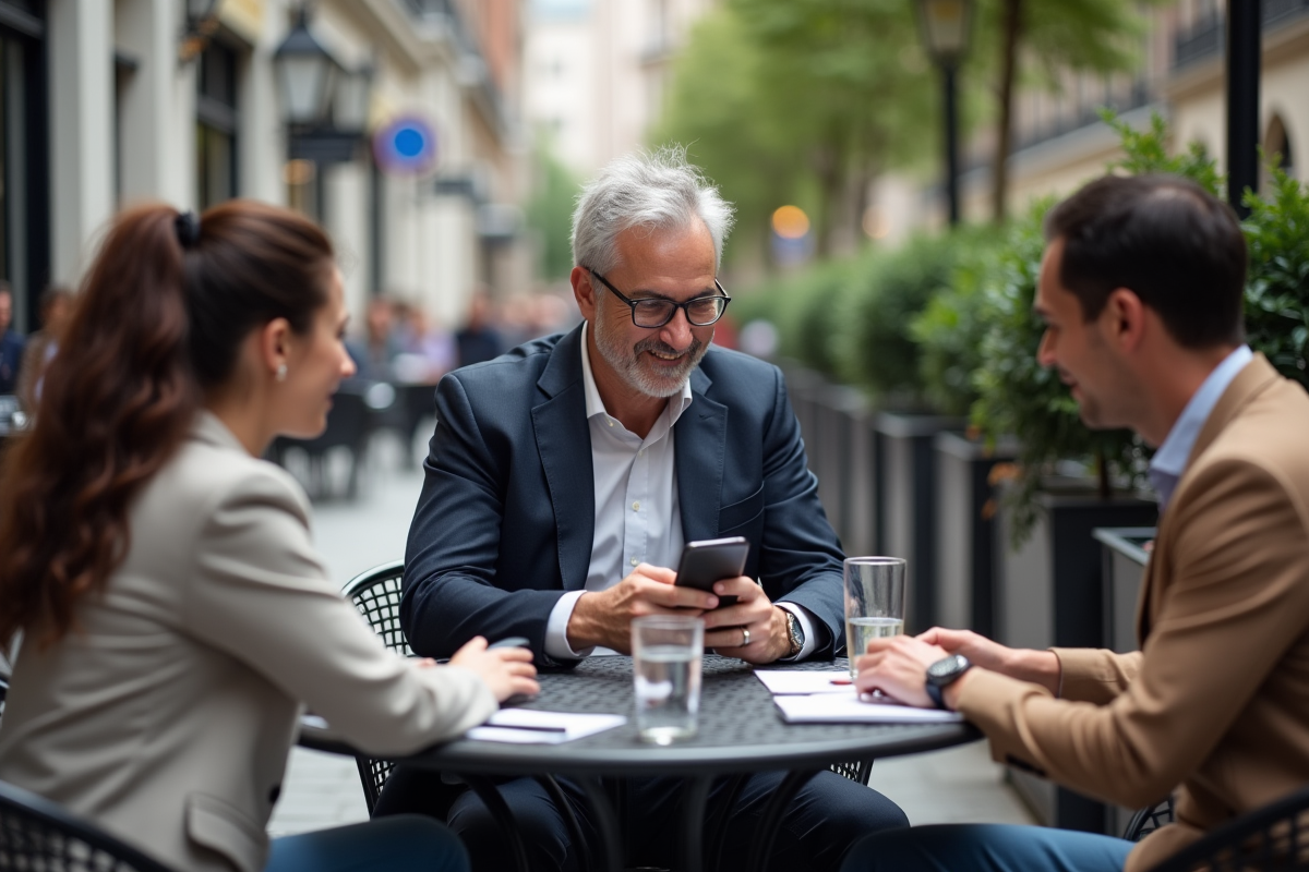 Homme montre une application fintech à ses collègues en extérieur