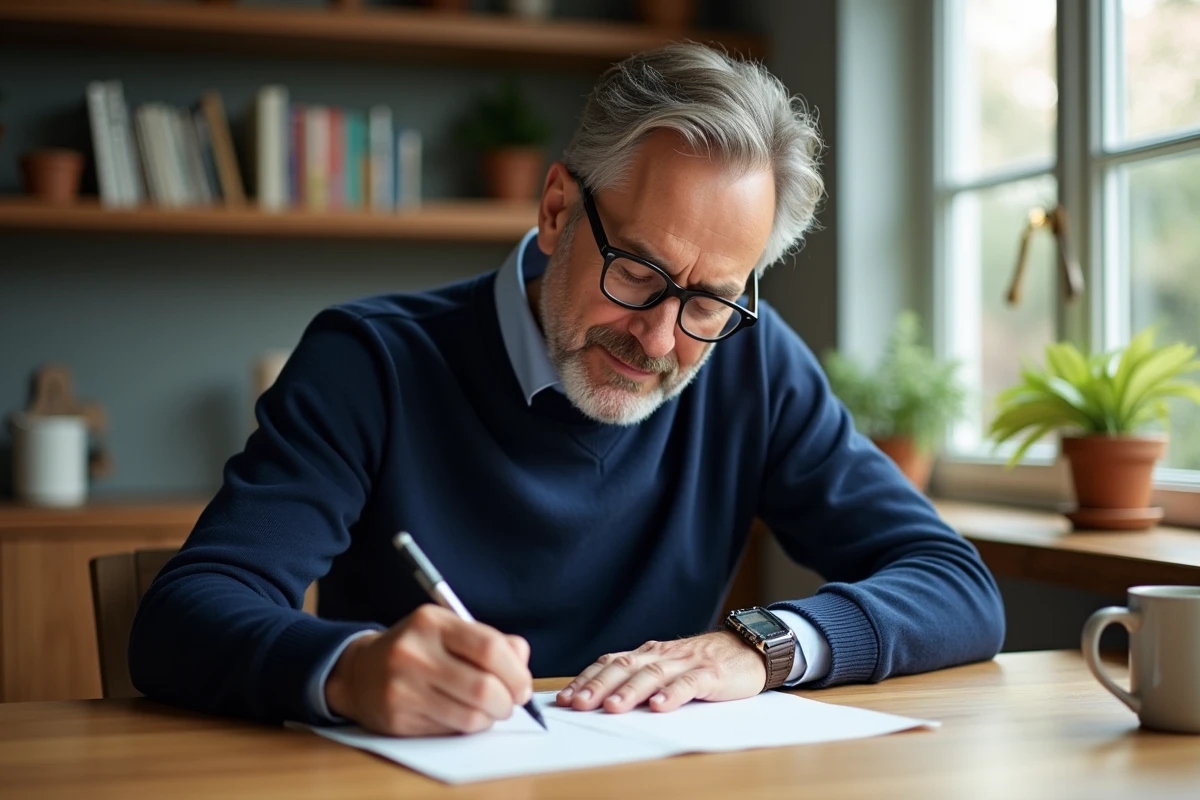 Homme écrivant une note dans une cuisine chaleureuse