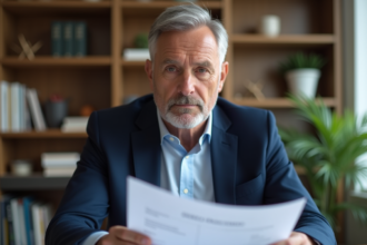 Homme d'âge moyen en blazer bleu dans un bureau moderne