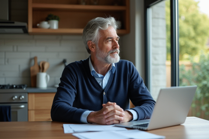 Homme d'âge moyen réfléchissant à ses finances à la maison