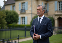 Droit de propriété : valeur juridique et implications en France Homme français en costume navy devant maison traditionnelle