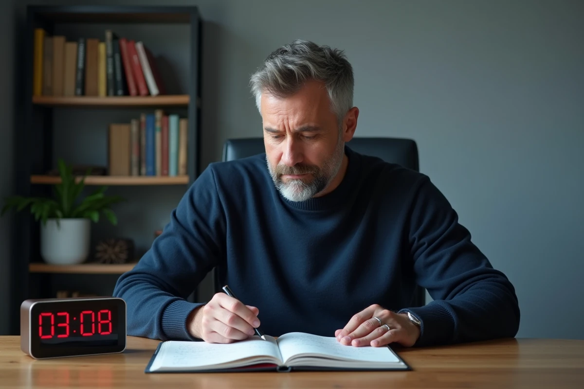 Homme méditatif devant un réveil numérique affichant 08h08 dans un bureau à domicile, symbolisant le message de l'ange gardien