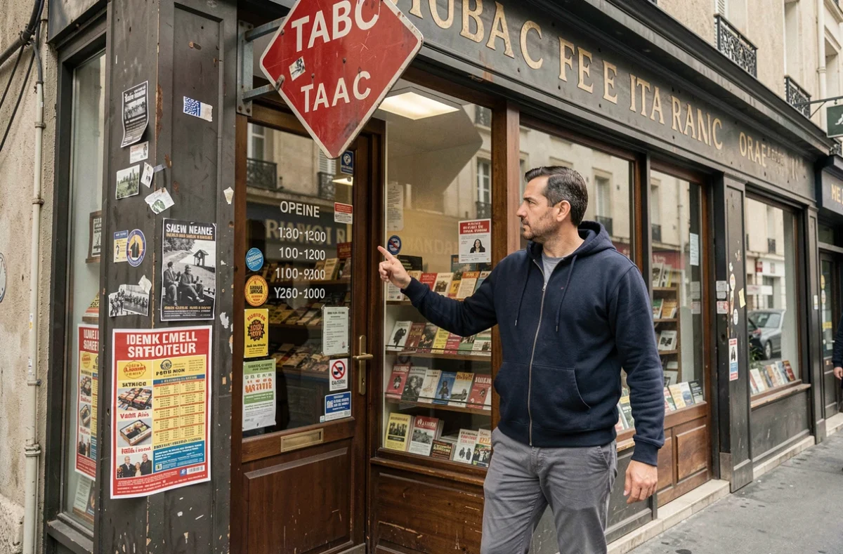 Homme lisant les horaires affichés sur la vitrine d'un bureau de tabac français