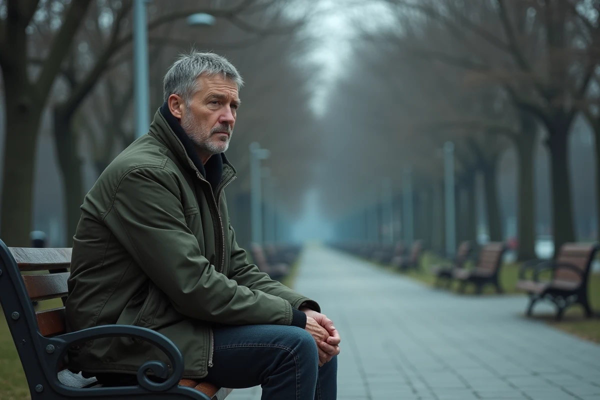 Homme isolé assis seul sur un banc de parc en ville, illustrant l'isolement social et l'épuisement psychologique