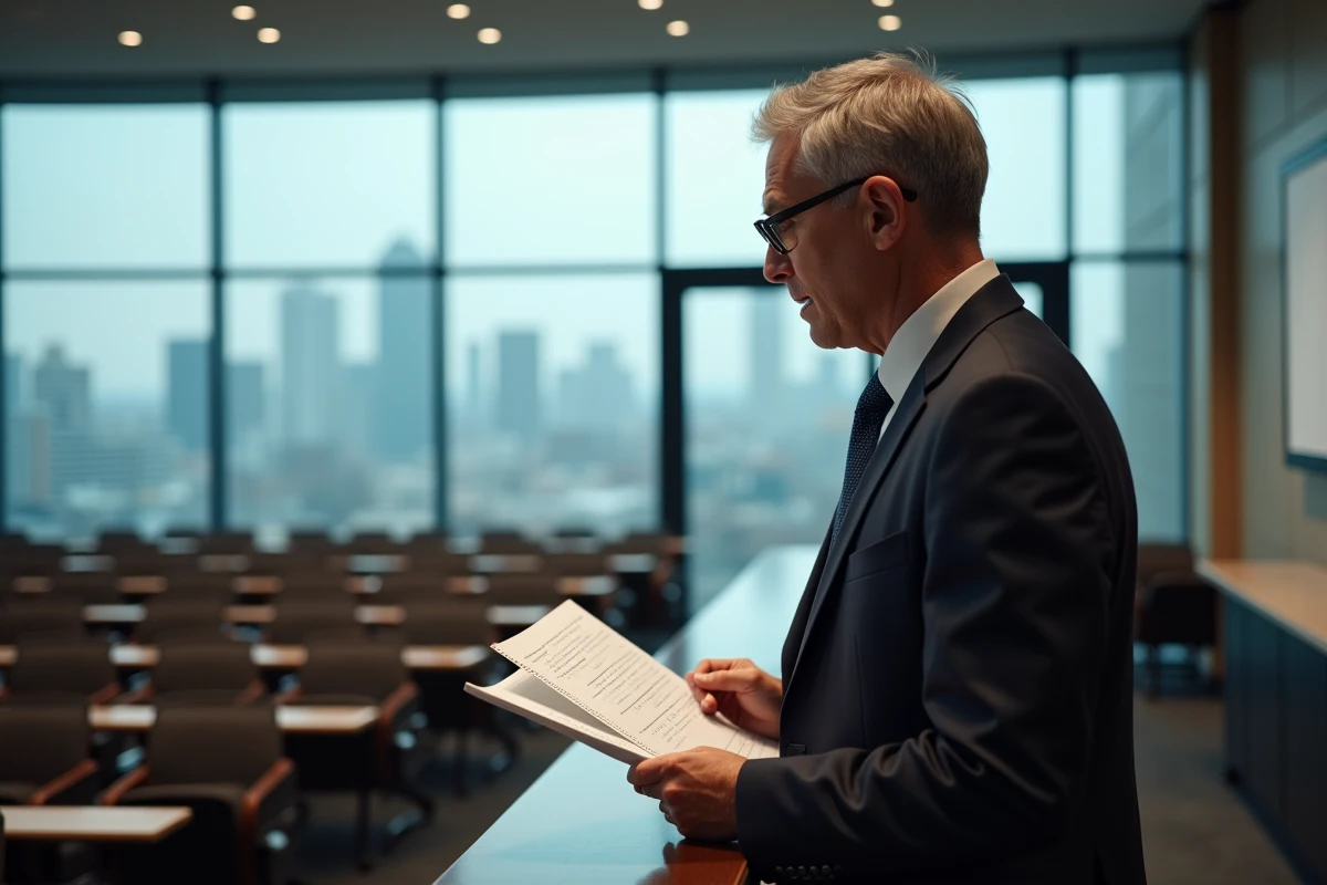 Homme d age moyen étudiant dans amphitheatre moderne