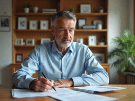 Homme d'âge moyen examinant des documents fiscaux immobiliers dans un salon lumineux