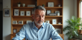 Homme d'âge moyen examinant des documents fiscaux immobiliers dans un salon lumineux