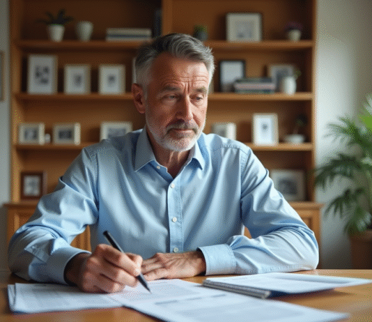 Taux d’imposition résidence secondaire : tout ce qu’il faut savoir Homme d'âge moyen examinant des documents fiscaux immobiliers dans un salon lumineux