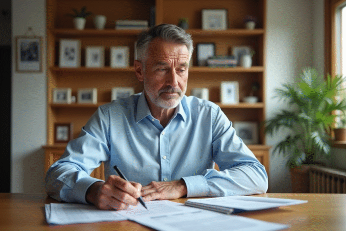 homme-lecture-papiers-immobilier Homme d'âge moyen examinant des documents fiscaux immobiliers dans un salon lumineux