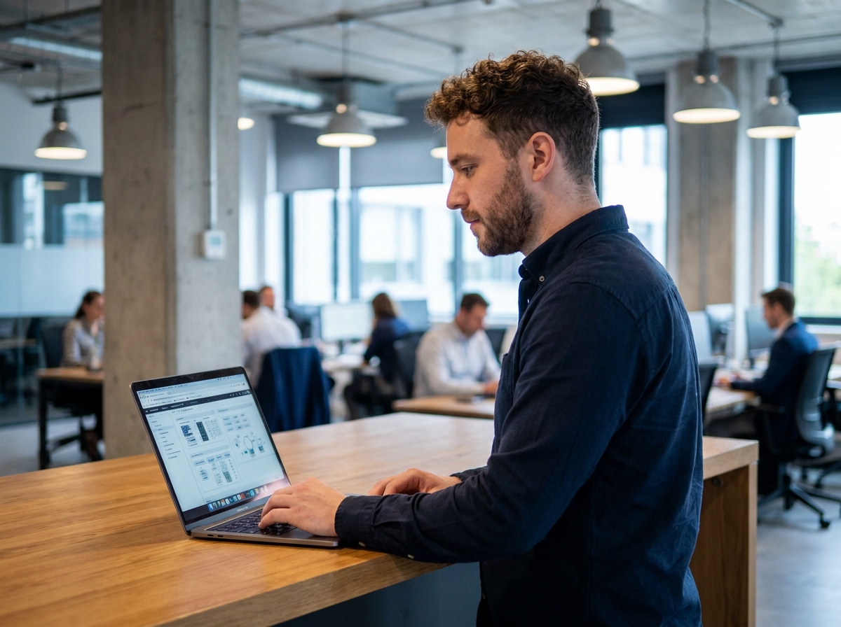 Homme debout dans un espace de coworking consultant les caractéristiques d'un MacBook Pro