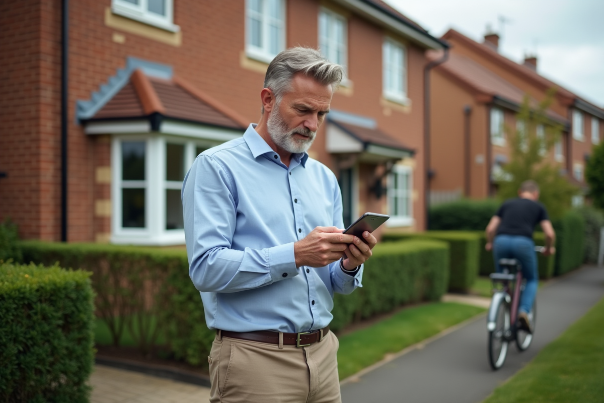 Homme discute assurance devant sa maison de banlieue