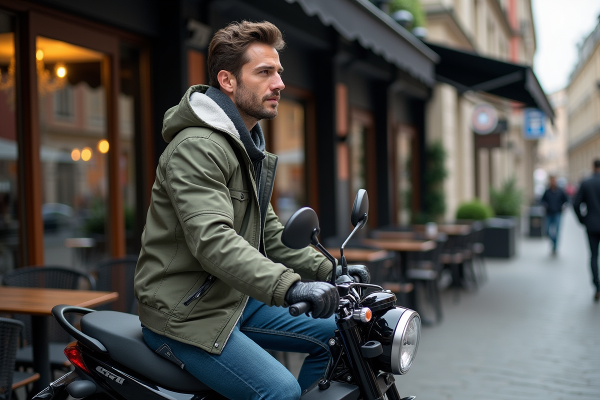 Homme en moto près d’un café en ville