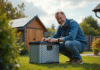 Batterie autonome en électricité : quel choix pour l’indépendance énergétique ? Homme d'âge moyen vérifiant un système solaire dans son jardin