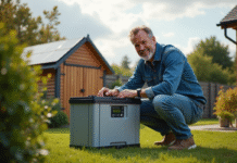 Batterie autonome en électricité : quel choix pour l’indépendance énergétique ? Homme d'âge moyen vérifiant un système solaire dans son jardin
