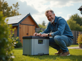 Homme d'âge moyen vérifiant un système solaire dans son jardin