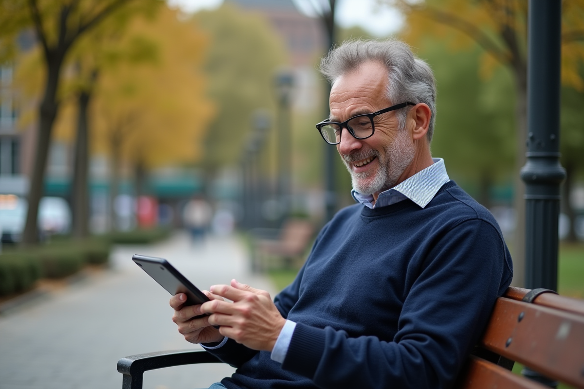 Homme dans un parc lisant une tablette avec un sourire