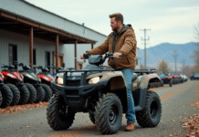 Guide d’achat exhaustif : comment sélectionner un quad pour adultes ? Homme en extérieur examine un quad robuste en concession