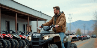 Guide d’achat exhaustif : comment sélectionner un quad pour adultes ? Homme en extérieur examine un quad robuste en concession