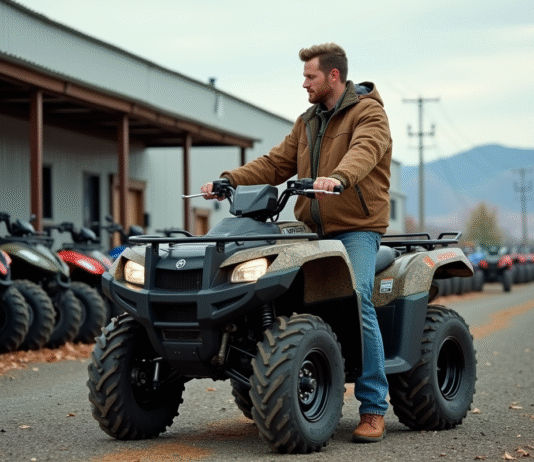 Homme en extérieur examine un quad robuste en concession