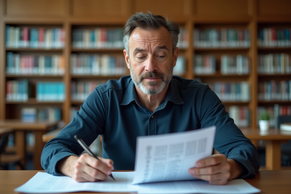 Homme préparant son entretien de naturalisation en révisant des fiches questions-réponses dans une bibliothèque