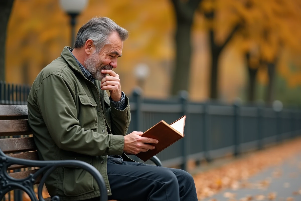 Homme seul sur un banc de parc riant en lisant un livre de citations humoristiques sur l'amitié en automne