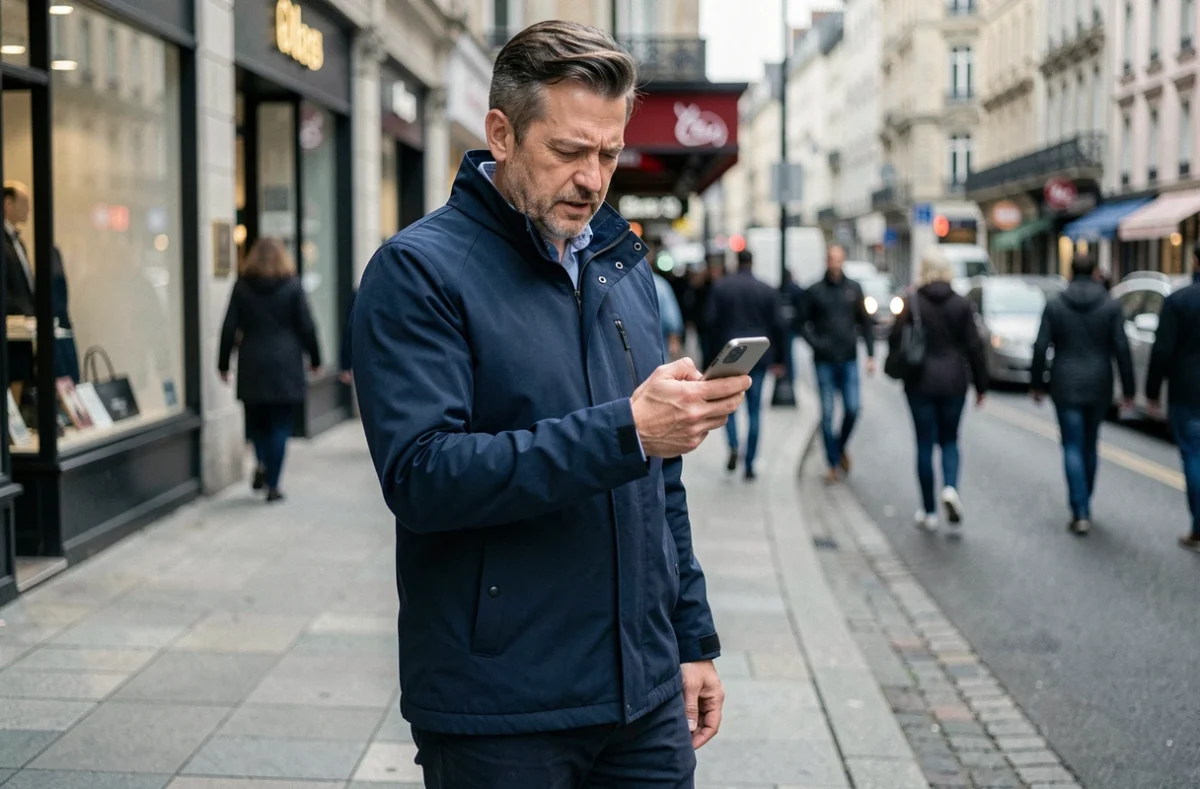 Homme dans la rue vérifiant un appel entrant d'un numéro inconnu sur son smartphone, indicatif 346 affiché à l'écran