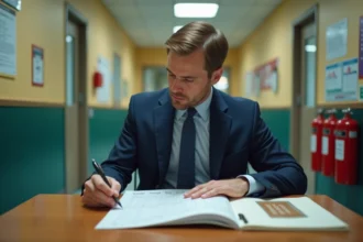Homme d'âge moyen remplissant un registre de sécurité dans une école