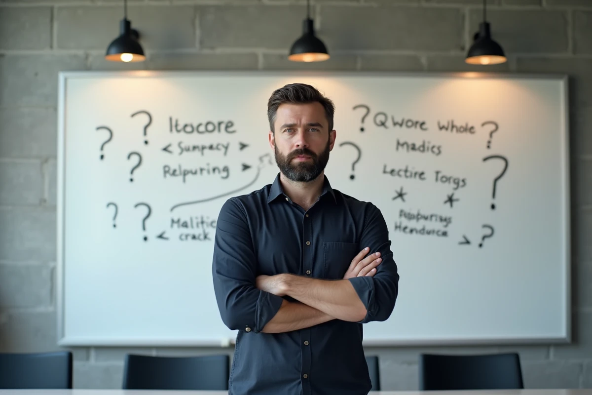 Homme devant un tableau blanc analysant un concept ambigu avec des annotations manuscrites