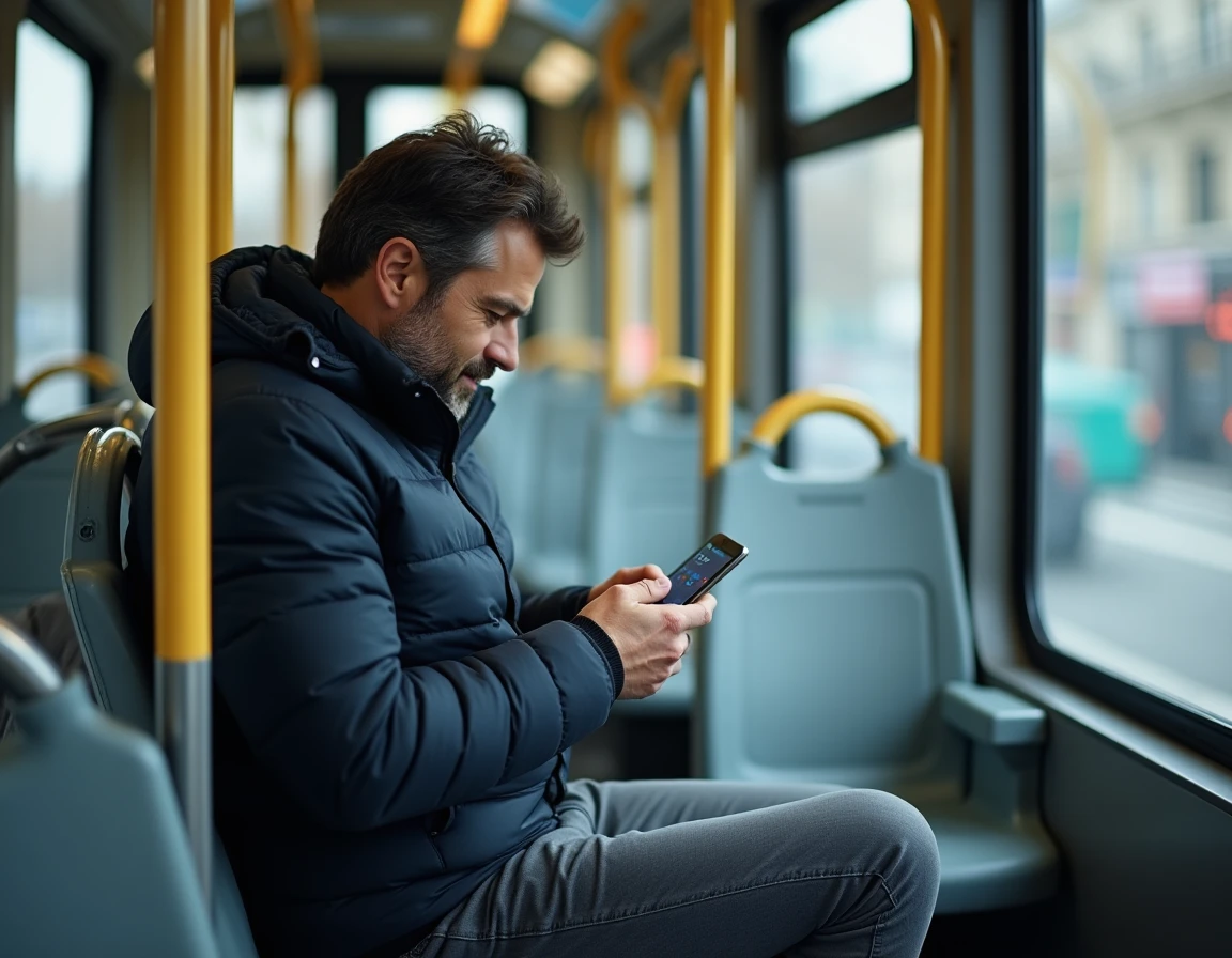Homme assis dans le tramway T3B consultant en temps réel les horaires sur son téléphone portable
