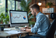 Jeune homme concentré analysant des données sur son ordinateur