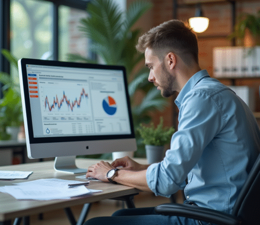 Jeune homme concentré analysant des données sur son ordinateur