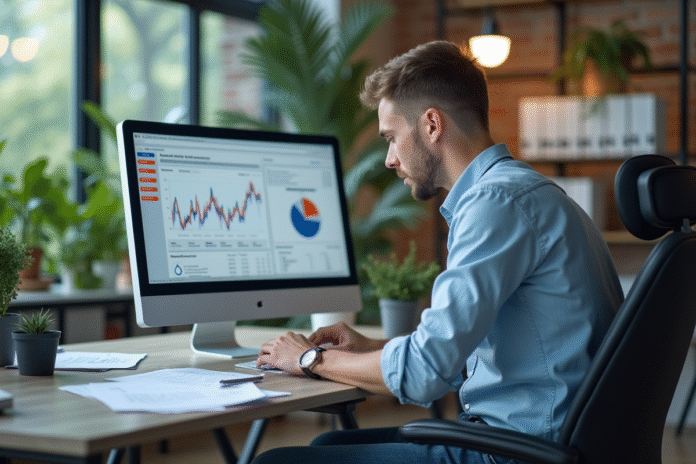 homme-travail-analytique Jeune homme concentré analysant des données sur son ordinateur