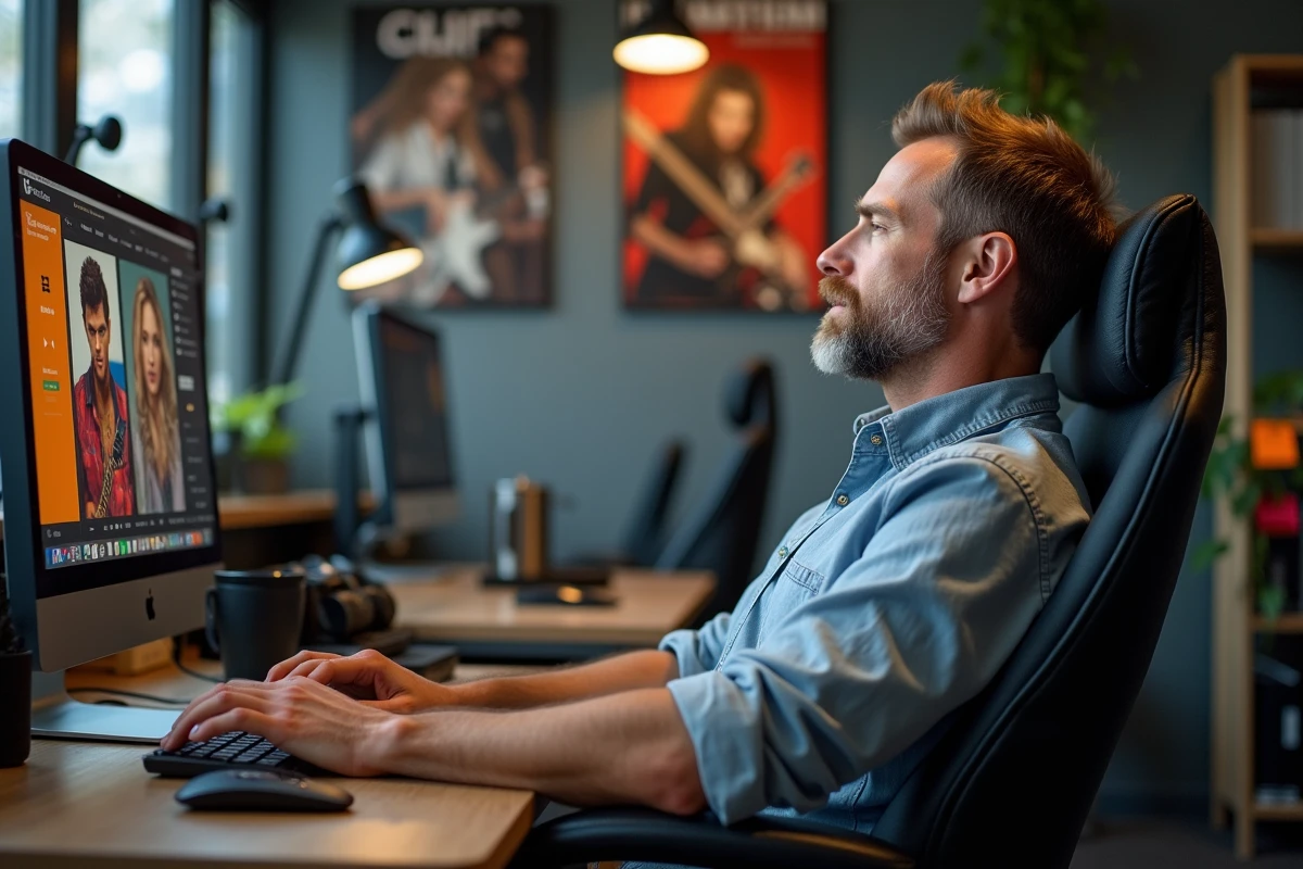 Homme en open space écoutant de la musique rock sur son ordinateur