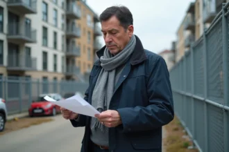 Homme d'âge moyen examine un document dans un quartier urbain
