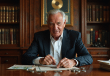 Homme âgé en costume comptant des pièces anciennes