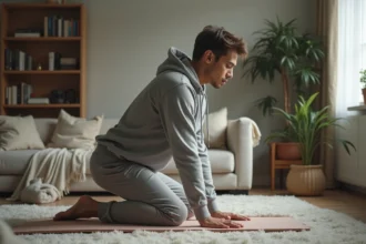 Homme en yoga dans un salon cosy et lumineux