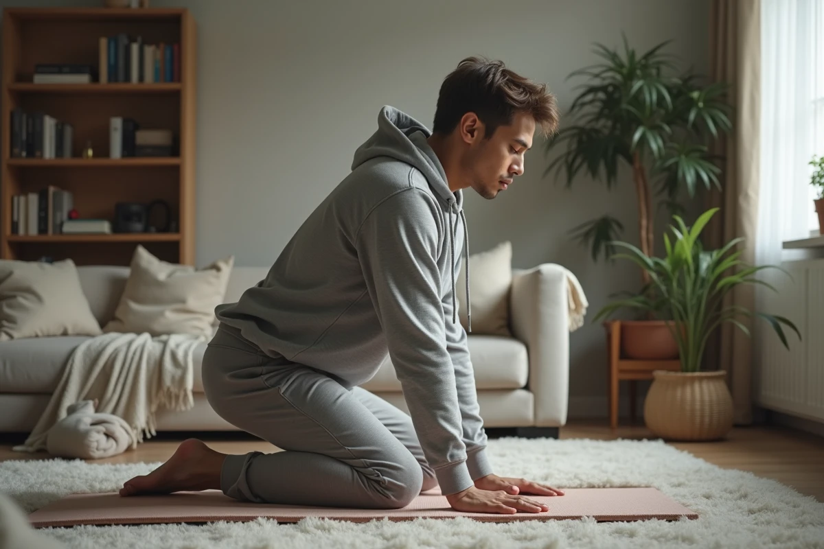 Homme en yoga dans un salon cosy et lumineux