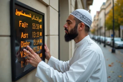 Homme musulman consultant l'affichage des heures de prière à la mosquée d'Argenteuil avec les minutes précises de chaque salat