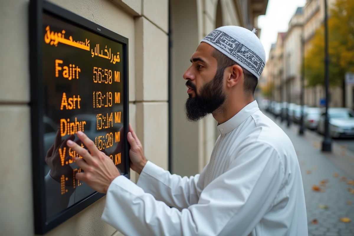 Homme musulman consultant l'affichage des heures de prière à la mosquée d'Argenteuil avec les minutes précises de chaque salat