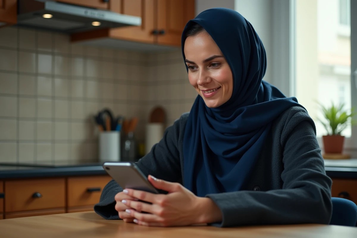 Femme musulmane consultant les horaires de salat d'Argenteuil avec les minutes affichées sur son smartphone