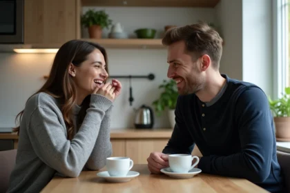 Couple en train de rire autour d'une blague d'humour noir autour d'un café dans une cuisine, ambiance détendue et complice