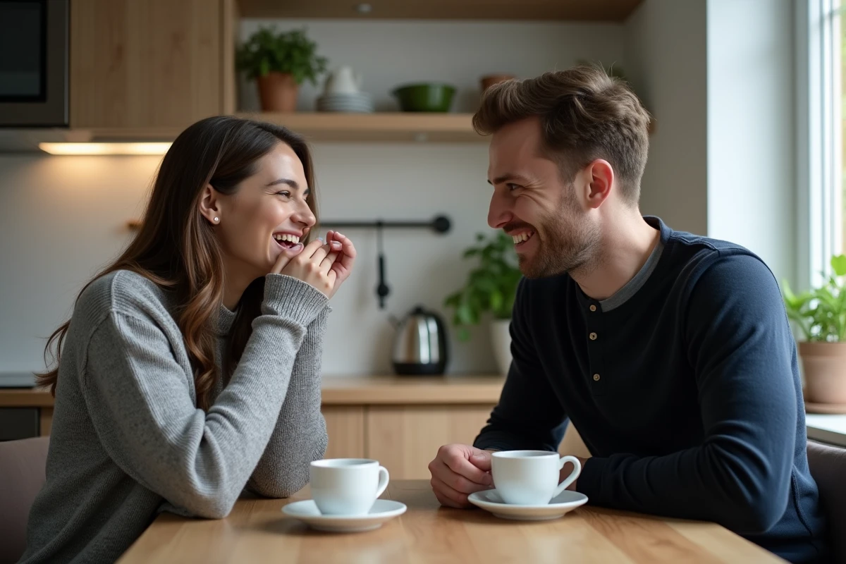 Couple en train de rire autour d'une blague d'humour noir autour d'un café dans une cuisine, ambiance détendue et complice